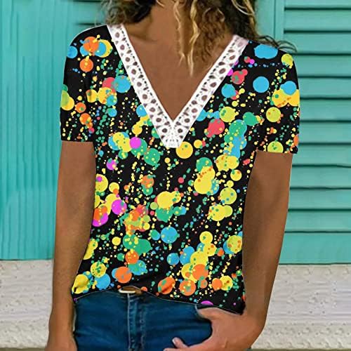 Yaz Kısa Kollu Üstleri Kadınlar için Tığ İşi Dantel Trim V Boyun T Shirt 2023 Çiçek Baskı Tunik Üstleri Rahat Moda