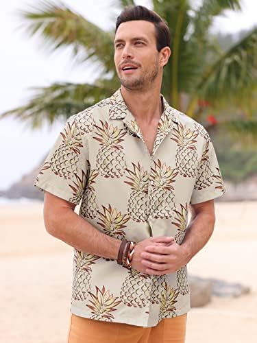 Farktop Mens Kısa Kollu Hawaiian Ananas Baskı Gömlek Nedensel Yaz Gömlek