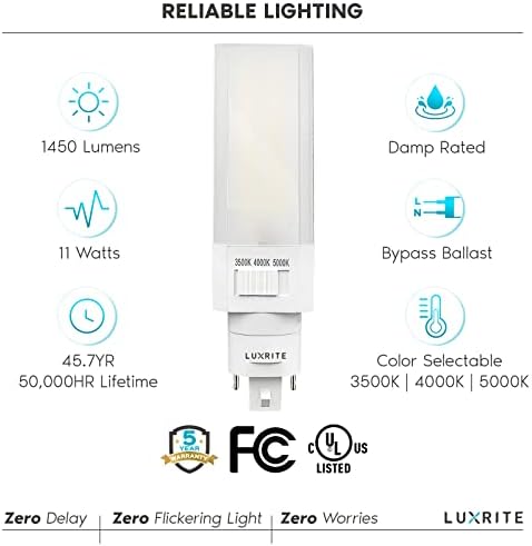 Luxrite Yatay PL LED CFL Değiştirme, 11W, Balast Baypas, G24D G24Q gx24q'ya Uyar, 3 Renk Seçilebilir 3500K-5000K,