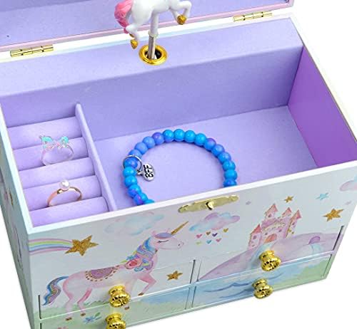 Mücevherci Parti Unicorn 4 Çekmeceli Büyük Müzikal Mücevher Saklama Kutusu, Altın Parıltılı Kızın Müzikal Mücevher