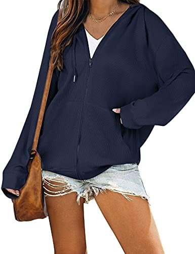 Cowasto kadınların gündelik fermuarlı kapüşonlu svetşört Ceket Uzun Kollu Waffle Kapüşonlu Sweatshirt Cepli AMN01460-2