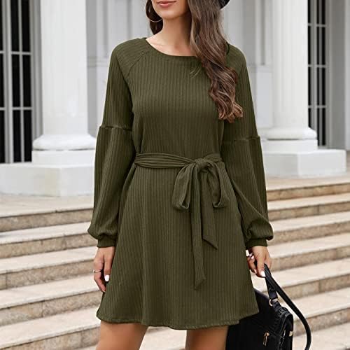 NOKMOPO Uzun Kollu Elbise Kadınlar için Seksi Sonbahar Kış Moda Mizaç Örme Kemer Düz Renk Uzun Kollu Elbise