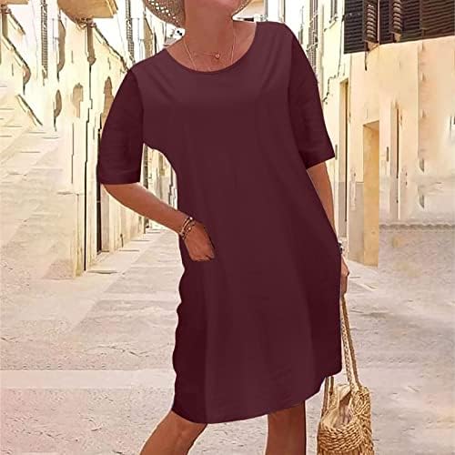 Pamuk Keten Elbiseler Kadınlar için Rahat Plaj Sundress Vintage Yaz Kısa Kollu T Shirt Elbise Gevşek Fit evaze elbise