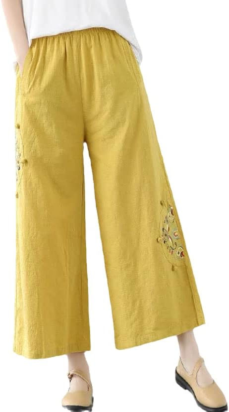 Geniş Bacak Pantolon Gevşek Elastik Bel Aplikler Eklenmiş Nakış İlkbahar Yaz Basit Düz kadın giyim Sarı L