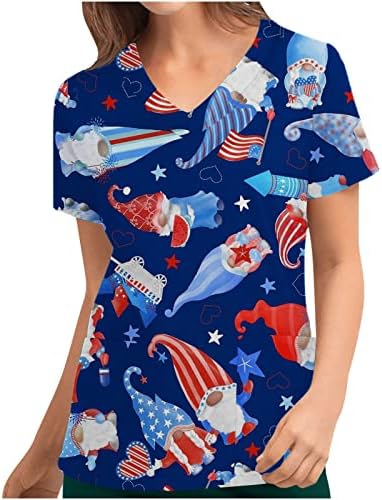 V Boyun Üst Kızlar Kısa Kollu Amerikan Bayrağı Yıldız Kalp Grafik Ofis Fırçalama Üniforma Üst Tshirt Bayan JK
