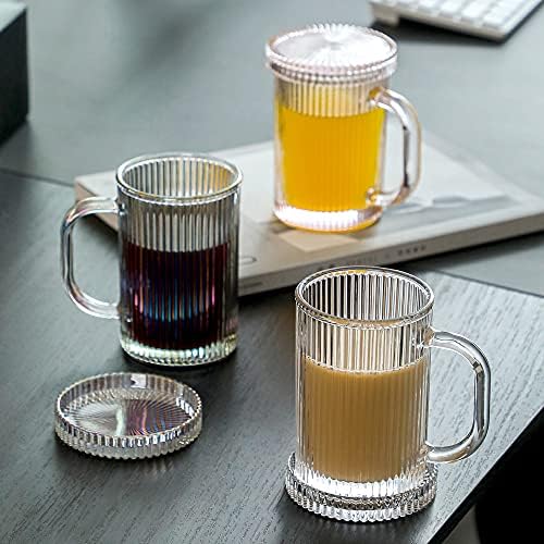 Lysenn Şeffaf Cam Kahve Fincanı-Klasik Dikey Çizgili Çay Bardağı-Latte, Espresso için Cam Kapaklı Zarif Kahve Fincanı