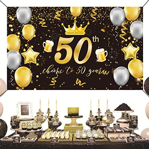Mocossmy 50th Doğum Günü Arka Plan Afiş Parti Dekorasyon, Ekstra Büyük Siyah Altın Mutlu Doğum Günü İşareti Posteri