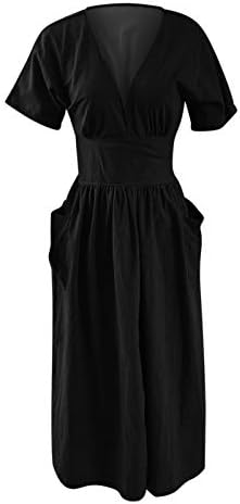 Kadın siyah elbise Gevşek Katı V Yaka Kısa Kollu vintage İş günlük elbiseler Kadınlar için Cep harajuku Bölünmüş Hem
