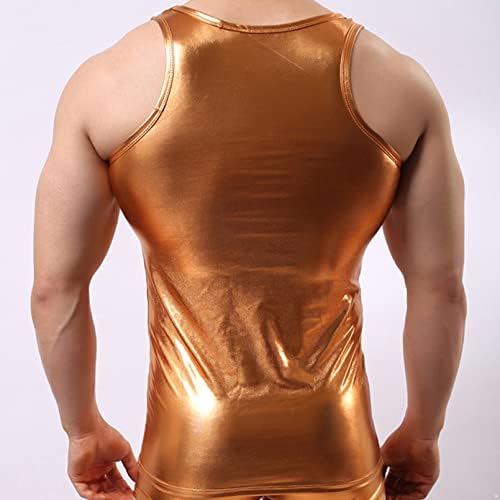 YONGHS erkek Suni Deri Tankı Üstleri Sıkıştırma Kolsuz Kas Gömlek Parlak Metalik Rave Üstleri Clubwear