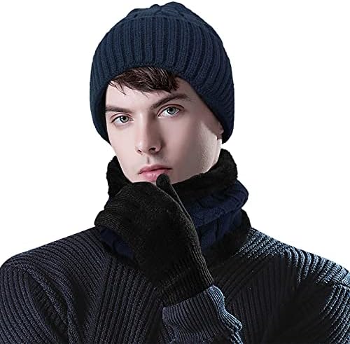 Kış Bere Şapka Eşarp Eldiven Seti, 3 Adet Kalın Sıcak örgü bere Boyun İsıtıcı Dokunmatik Eldiven Erkekler Kadınlar