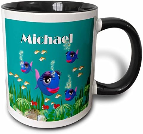 3dRose mug_51162_4 Denizin altındaki Balıkların bu canlı resmi Michael adıyla kişiselleştirildi İki Tonlu Siyah Kupa,