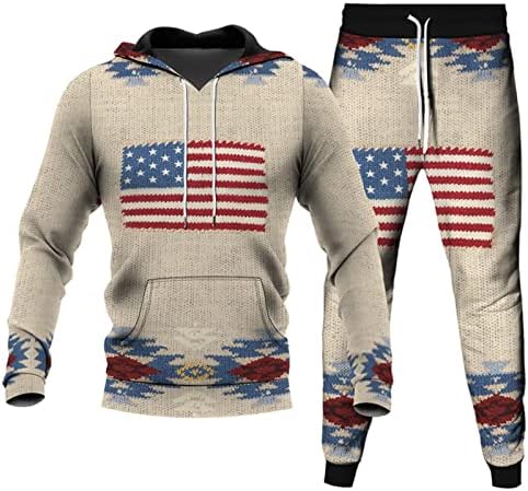 lcepcy Vintage Amerikan Bayrağı Erkek Eşofman 2 Parça Giysi Kıyafetler Set Rahat Uzun Kollu Kazak Hoodies Sweatpants
