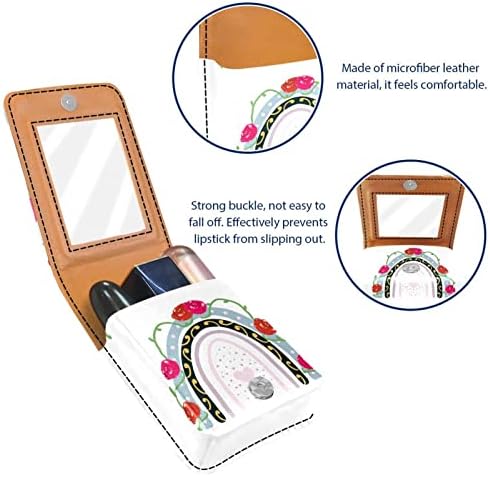 ORYUEKAN Ruj Ayna ile Sevimli Taşınabilir Makyaj Çantası kozmetik çantası, Gökkuşağı Retro Sanat Gül Çiçek Modern