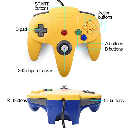 Klasik N64 Denetleyici, miadore Rerto N64 Oyun Uzaktan Gamepad Joystick N64 Konsolu video oyunu Sistemi (Sarı ve Mavi)