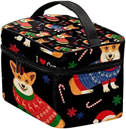 WARMFM Noel Aşk Corgi Köpek Makyaj Çantaları Taşınabilir Seyahat Çift Fermuarlı Kozmetik Çantası