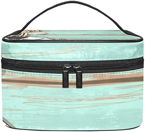 LORVIES Plaj Mavi Ahşap Kozmetik Çantası Tuval Seyahat makyaj çantası Üst Kolu Tek Katmanlı Makyaj çanta düzenleyici
