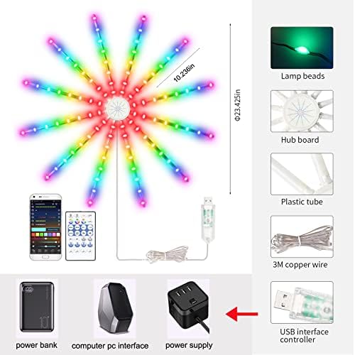 Havai fişek LED ışıkları USB yıldız patlaması peri ışıkları, müzik senkronizasyonu ile Bluetooth akıllı RGB renk değiştiren