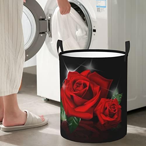 Kırmızı Güller Baskılı çamaşır sepeti Katlanabilir Dairesel Sepet giysi saklama Kova Günlük İhtiyaçlar saklama çantası