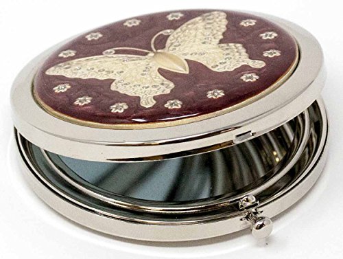 Bordo Gümüş Kelebek Katlanır Kompakt Cep makyaj aynası Swarovski Elmas Taklidi Kristalleri İle Çift Taraflı (5x +