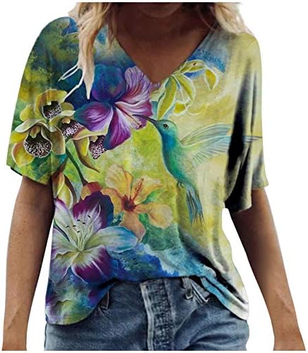 QXUAN T Shirt Kadınlar için Artı Boyutu Kısa Kollu Çiçek Baskı Bluz Yaz Tunikler Kadınlar için Rahat Gevşek Boho Tee