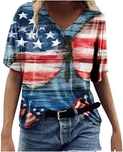 4th Temmuz 2023 T-Shirt Kadınlar için Batik Amerikan Bayrağı Baskı Bluz V Boyun Kısa Kollu Tee Casual Gömlek Tops