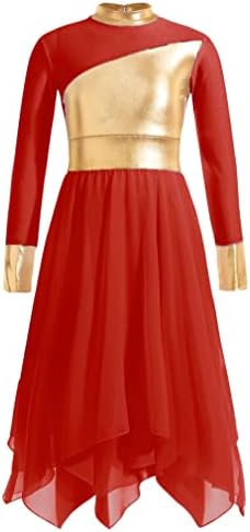 JEATHA Çocuk Kız Uzun Kollu Parlak Metalik Övgü Asimetrik Tunik Elbise Lirik Çağdaş dans kostümü