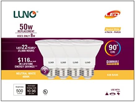 LUNO PAR20 Kısılabilir LED Ampul, CRI 90+, 8W (50W Eşdeğeri), 500 Lümen, 4000K (Nötr Beyaz), Orta Taban (E26), UL