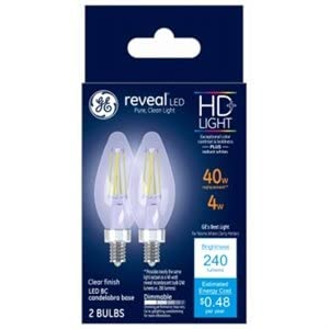 Reveal HD + Dekoratif LED Ampuller, Şamdan Tabanlı, Şeffaf, Kısılabilir, 240 Lümen, 3,2 Watt, 2 Pk. -31889