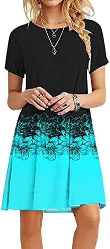 Bayan Moda 2023 Yaz Elbiseler Kadınlar için Rahat Çiçek Baskı Plaj Elbise Kısa Kollu Crewneck Boho Gevşek Elbise