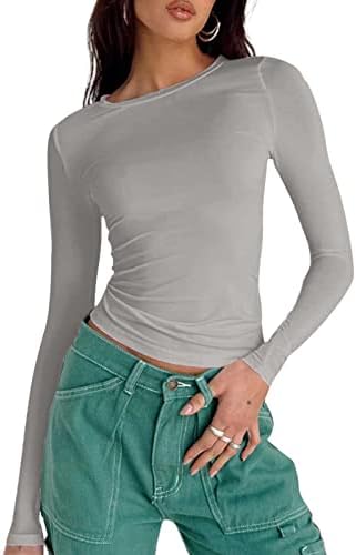 Kadınlar Genç Kızlar Slim Fit Temel Seksi Mahsul Tops Katı Renk Uzun Kollu T Gömlek Ekip Boyun Sıkı Bluz Y2k Streetwear