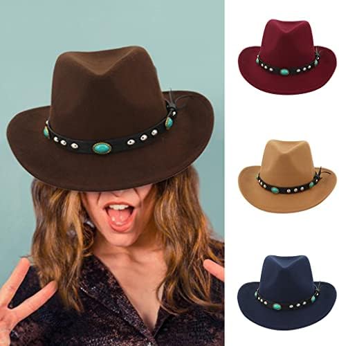 Vintage Faux Keçe Batı kovboy şapkası Erkekler Kadınlar için Klasik Geniş Ağız Cowgirl Kapaklar geniş kemer Moda fötr