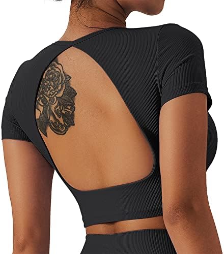 Loovoo Bayan Kırpma Üstleri Aç Geri Egzersiz Kırpılmış Üstleri Nervürlü Dikişsiz Seksi Backless Spor Atletik T Shirt