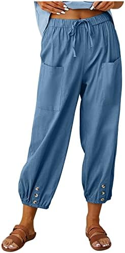Pamuk Keten Pantolon Kadınlar için, İpli Yüksek Bel Geniş Bacak Gevşek Fit Kapriler Rahat Moda dökümlü cepli pantolon