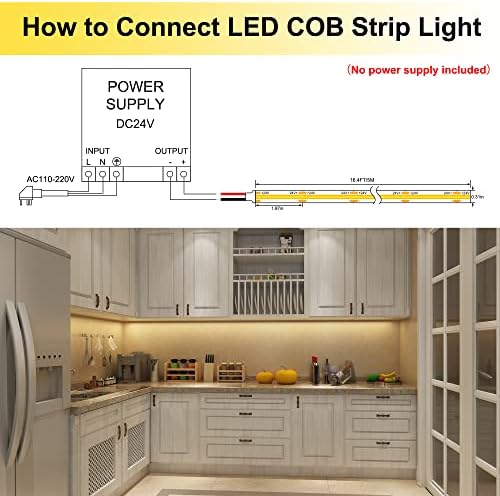 COB LED şerit ışık, LED bant ışık DC24V esnek ışık yüksekliği yoğunluğu, 16.4 ft 3000 K sıcak beyaz CRI 90+ yüksek