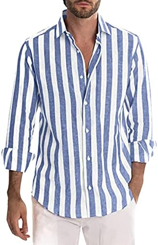Erkek Çizgili Gömlek Pamuk Keten Uzun Kollu Casual Düğme Aşağı İş Elbise Gömlek Yaz Plaj Yoga Tee Gömlek