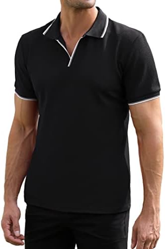 EliteSpirit Erkek polo gömlekler Kısa Kollu V Boyun Waffle Örgü Slim Fit Kontrast Renk Yaka Rahat golf gömlekleri