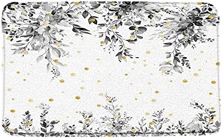 Suluboya Yaprak Banyo Paspas Okaliptüs Siyah Beyaz Yapraklar Altın Polka Dot Bitki Botanik Banyo Mikrofiber Döşemelik